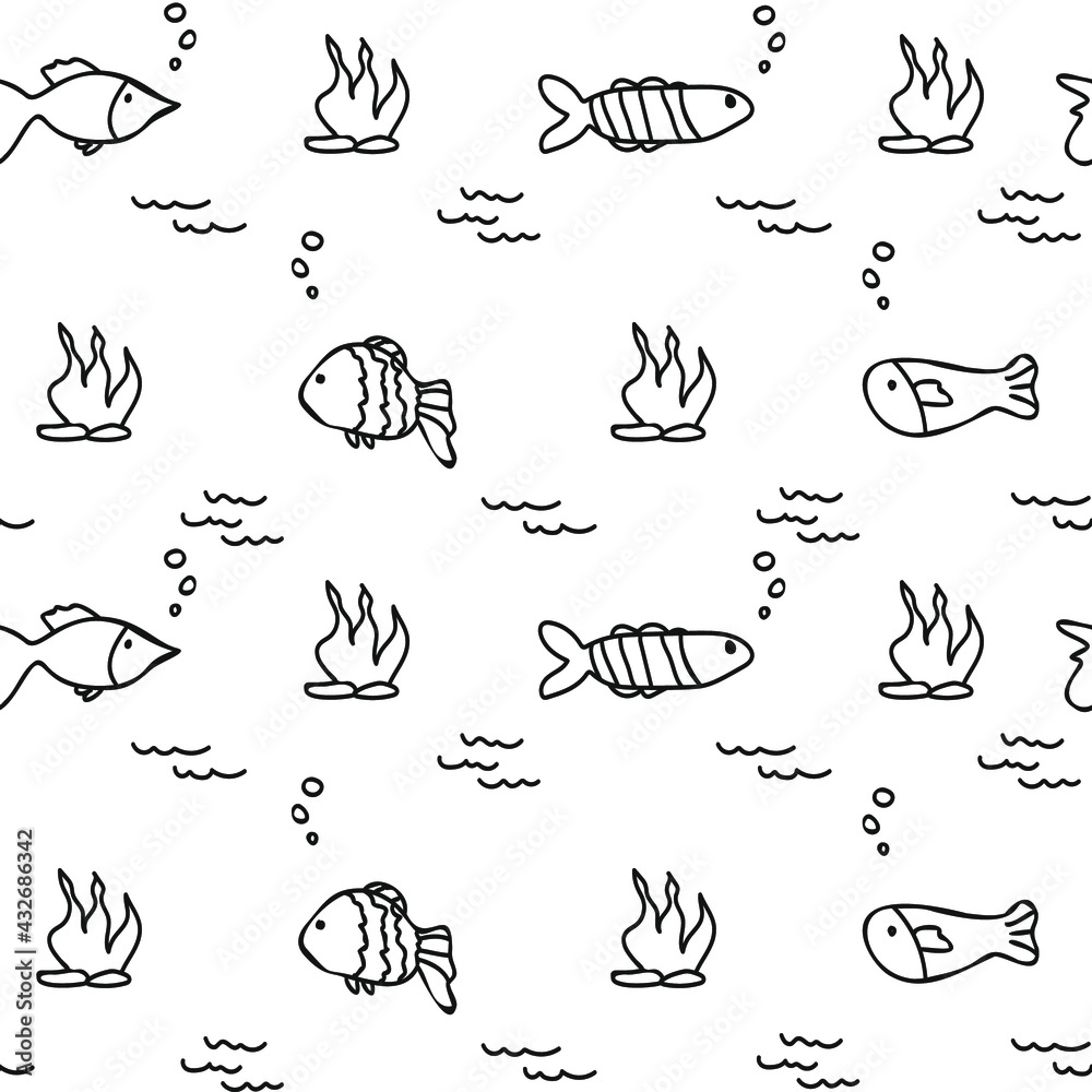 Seamless pattern of fish in the style of doodle. Cute fish and seaweed. Symbols ocean, sea, dolphin, shark, whale. Vector illustration marine life on a white background.