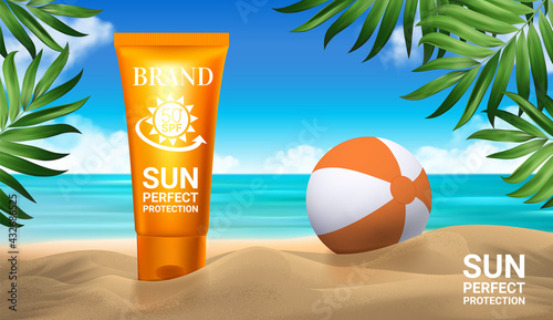 Sunblock ads template sun protection sunscreen and sunbath cosmetic products design face and body lotion with on palm beach summer. SPF and UV protect. Vector background.