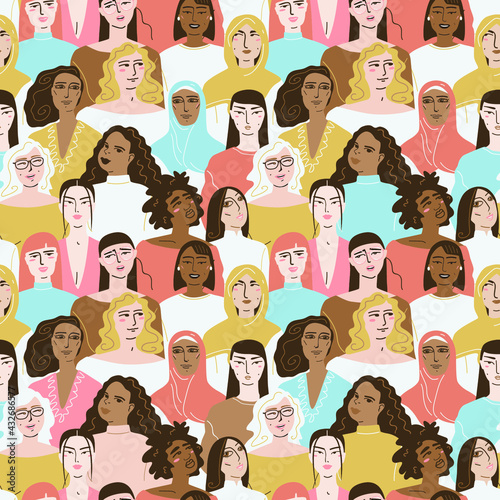 Vector seamless pattern, female characters of different nationalities.
