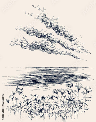 Seascape hand drawing. Sea view from shore