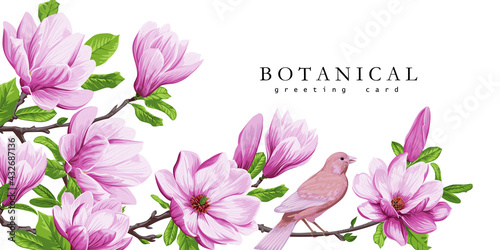Spring greeting card with magnolia flowers