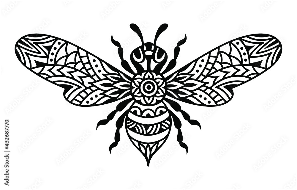 Naklejka Bee mandala. Vector silhouette illustration. Monochrome zentangle bumblebee. Linear art symbol. Vintage insect.