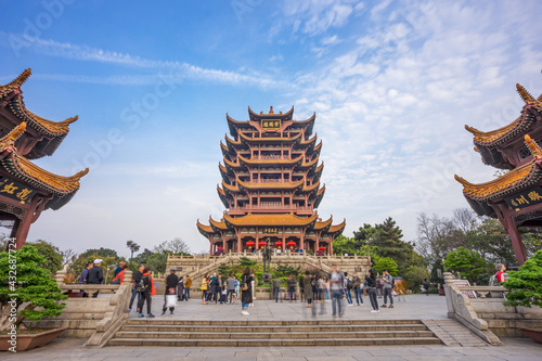 Aerial view of  Wuhan city .The yellow crane tower , located on snake hill in Wuhan, is one of the three famous towers south of yangtze river,China.