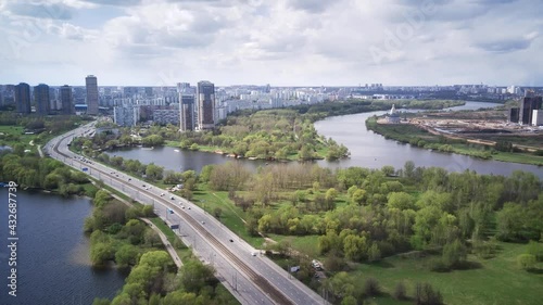 Wallpaper Mural Amazing high angle top drone view on Strogino and Shchukino	district which are situated in beautiful green river park.
 Torontodigital.ca