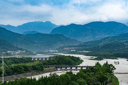 Panorama of the Dujiang Dam , an ancient irrigation system in Dujiangyan City, Sichuan, China