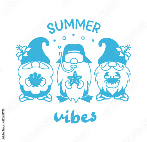 Beach gnome sign. Funny summer gnomes with quote: Summer vibes. Cute scandinavian characters. Nordic gnomes in cartoon style. Vector illustration.