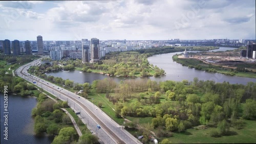 Wallpaper Mural Amazing high angle top drone view on Strogino and Shchukino	district which are situated in beautiful green river park.
 Torontodigital.ca