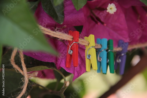 Colorful clothespin clothespins on the rope