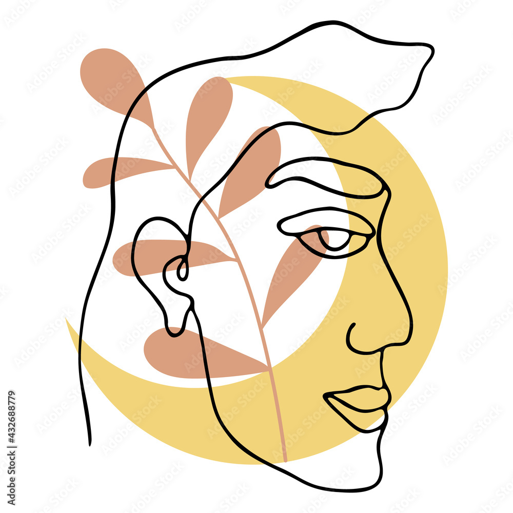 Black outline abstract face on white background. Hand drawing line art illustration. Female portrait with colorful moon and floral.