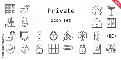 private icon set. line icon style. private related icons such as security, password, door hanger, lock, lockers, biography, cctv, padlock, locker, unlocked, doorknob,