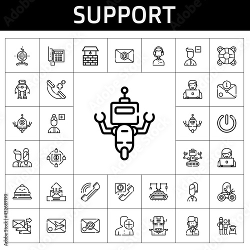support icon set. line icon style. support related icons such as father and son, customer service, lifesaver, telephone, users, remove user, reception bell, robot, phone