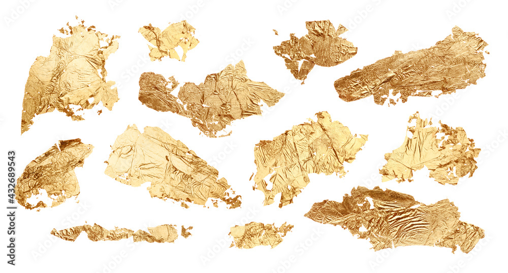 Gold glitter and bronze color blot. Abstract torn piece of metal leaf (potal) paper on white background. - obrazy, fototapety, plakaty 