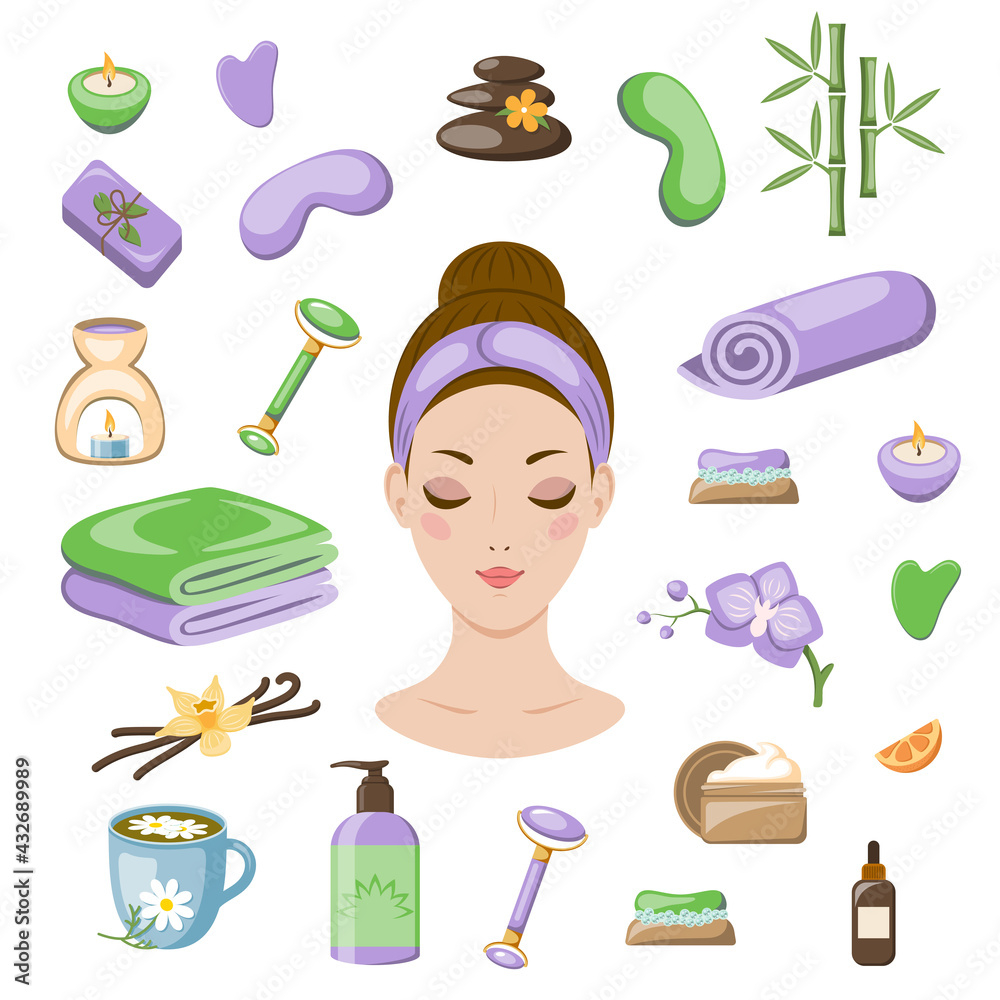Set of elements of home spa, beauty, relaxation, beauty treatments. Set of the home spa accessories, face rollers towels, candles, tea, masks, soap, cosmetics, shampoos. Vector illustration.