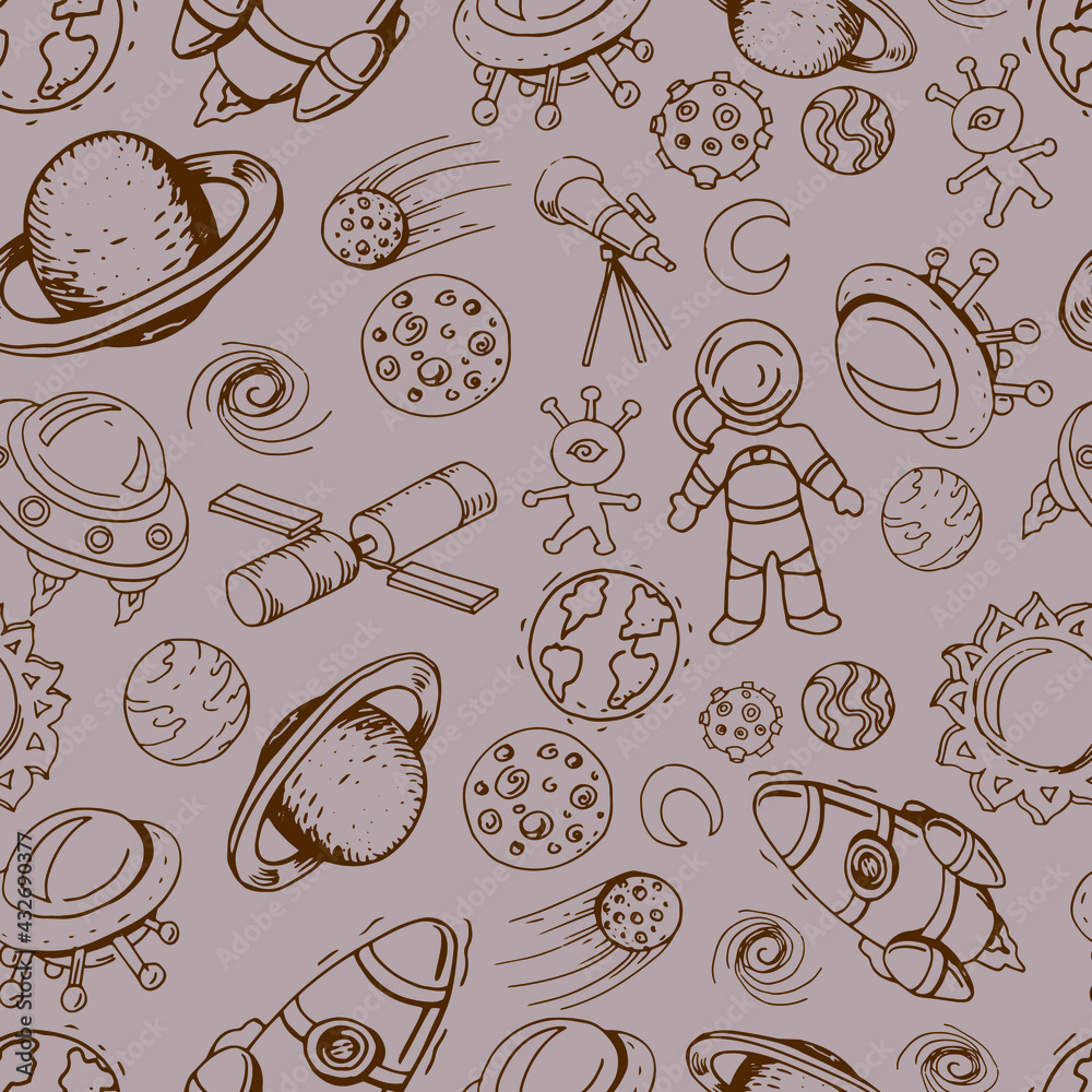 space set vector illustration hand-drawn cute images childrens bright ...