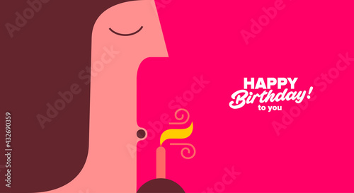 Birthday. Simple, fun, vector illustrations.The girl blows out the candle on the cake.
