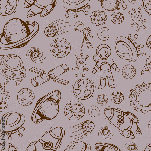 space set vector illustration hand-drawn cute images childrens bright colored rocket meteorite planet alien flying saucers astronaut satellite sun saturn mars stars and constellations. Print mesh 