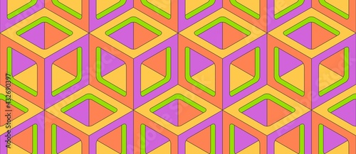 Cubes. Seamless 3D pattern. Optical illusions. Op Art. Template for fabric or wrapping. Modern textile. Psychedelic geometric design. Stylish background. Wallpapers. Pastel colors. Luxury 3D Tiles.