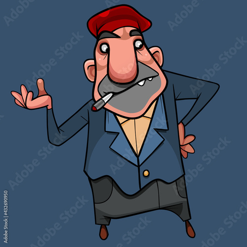 cartoon man in a red beret and a cigarette in his mouth importantly gesturing