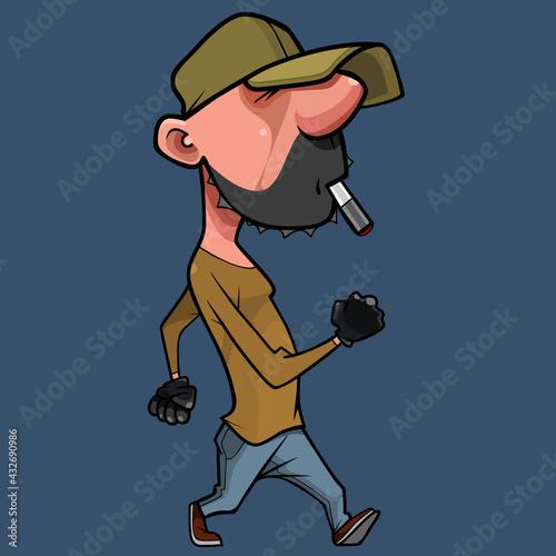 cartoon man walking with a cigarette in his mouth