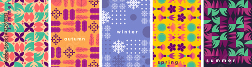 Geometric abstraction. Seasons. Summer, winter, autumn, spring. A set of vector illustrations.  Background pattern for a poster, banner, or flyer.