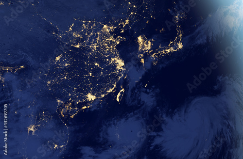 East Asia at night from space, elements of this photo was furnished by NASA.