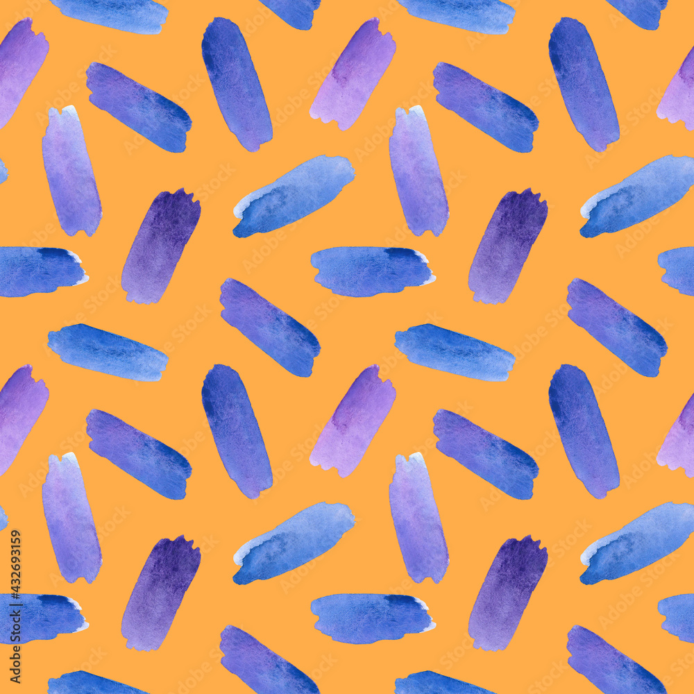 Watercolor violet, purple and blue brush strokes seamless pattern. Color swatches on orange print for textile, fabric, wallpaper, wrapping paper, design and decoration. Watercolor violet, purple and blue brush strokes seamless pattern. Color swatches on orange print for textile, fabric, wallpaper, wrapping paper, design and decoration.