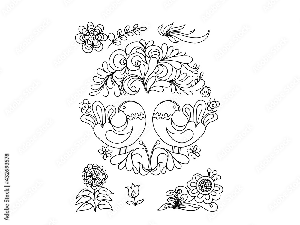 Folk ornament birds flowers plants stylized pattern graphic illustration hand drawn print coloring book for adults and children
Folk ornament birds flowers plants stylized pattern graphic illustration hand drawn print coloring book for adults and children