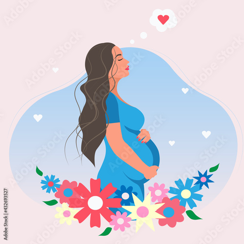 Happy pregnant woman holds her belly. Decorated beautiful flowers. Vector flat illustration.