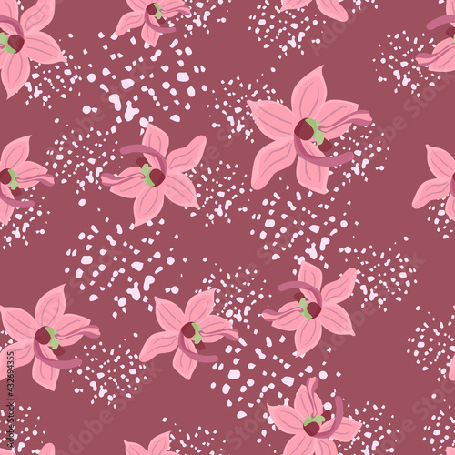 Abstract bloom seamless pattern with hand drawn random pink orhid flowers shapes. Background with splashes. © smth.design