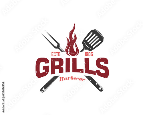 Vintage Retro Rustic BBQ Grill, Barbecue, Barbeque Label Stamp Logo design vector