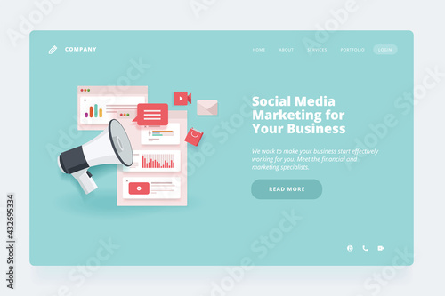 Web design template. Vector illustration concept of website or landing page design for social media, networking, digital marketing, account analytics, online communication.