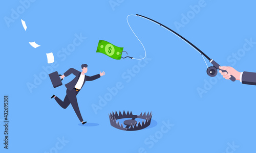 Fishing money chase business concept with businessman running after dangling dollar and trying to catch it. Working hard and always busy in the loop routine flat style design vector illustration.
