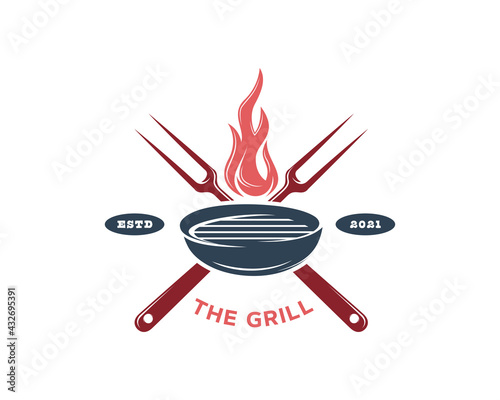 Vintage Retro Rustic BBQ Grill, Barbecue, Barbeque Label Stamp Logo design vector photo