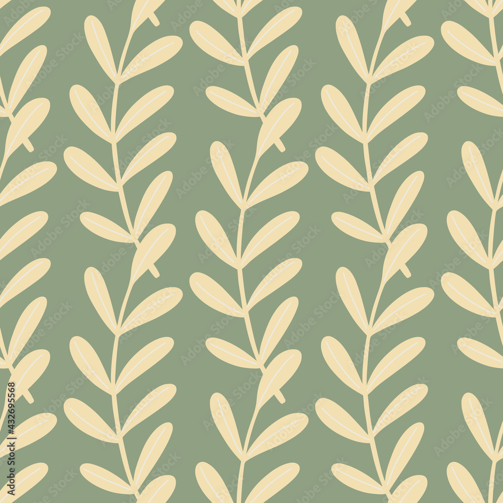 Decorative seamless pattern with light beige leaf branches ornament. Pale green background. Floral print.