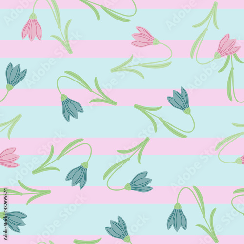 Spring season seamless pattern with blue and pink harebell ornament. Striped blue and pink background.