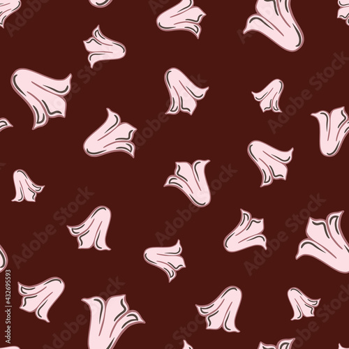 Pink random tulip buds silhouettes seamless pattern in doodle style. Brown background.