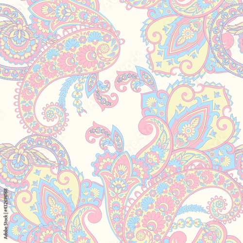 Paisley vector seamless pattern. Fantastic flower, leaves. Batik style painting. Vintage background