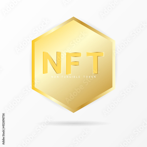 Gold Hexagonal shape coin NFT non-fungible token isolated on white background, Pay for unique collectibles in games or art. Vector illustration EPS 10