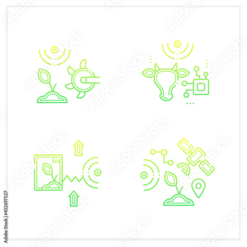 Smart farm gradient icons set. Consist of harvesting, RFID identification,GPS geofencing.Agricultural innovation concepts.Isolated vector illustration.Suitable to banners, mobile apps and presentation