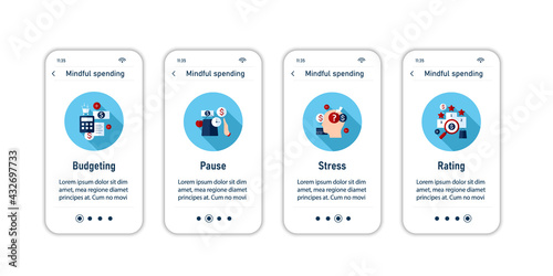 Mindful spendings onboarding mobile app screens. Thoughtful shopping. Conscious buying steps menu. Set of UI, UX, web template with RGB color linear icons