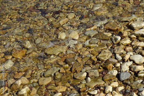Yellow and brown colors pebble stones' backdrop on the beach in transparent water