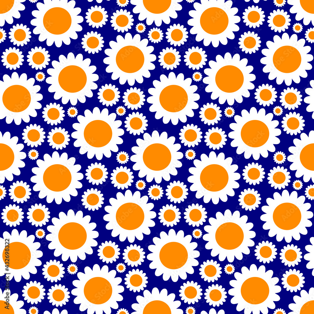 Seamless pattern with camomiles on a blue background. Floral background with white flowers.