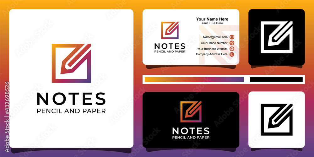 modern line logo of pencil or pen for note, tools, education and stationery store with business card modern line logo of pencil or pen for note, tools, education and stationery store with business card