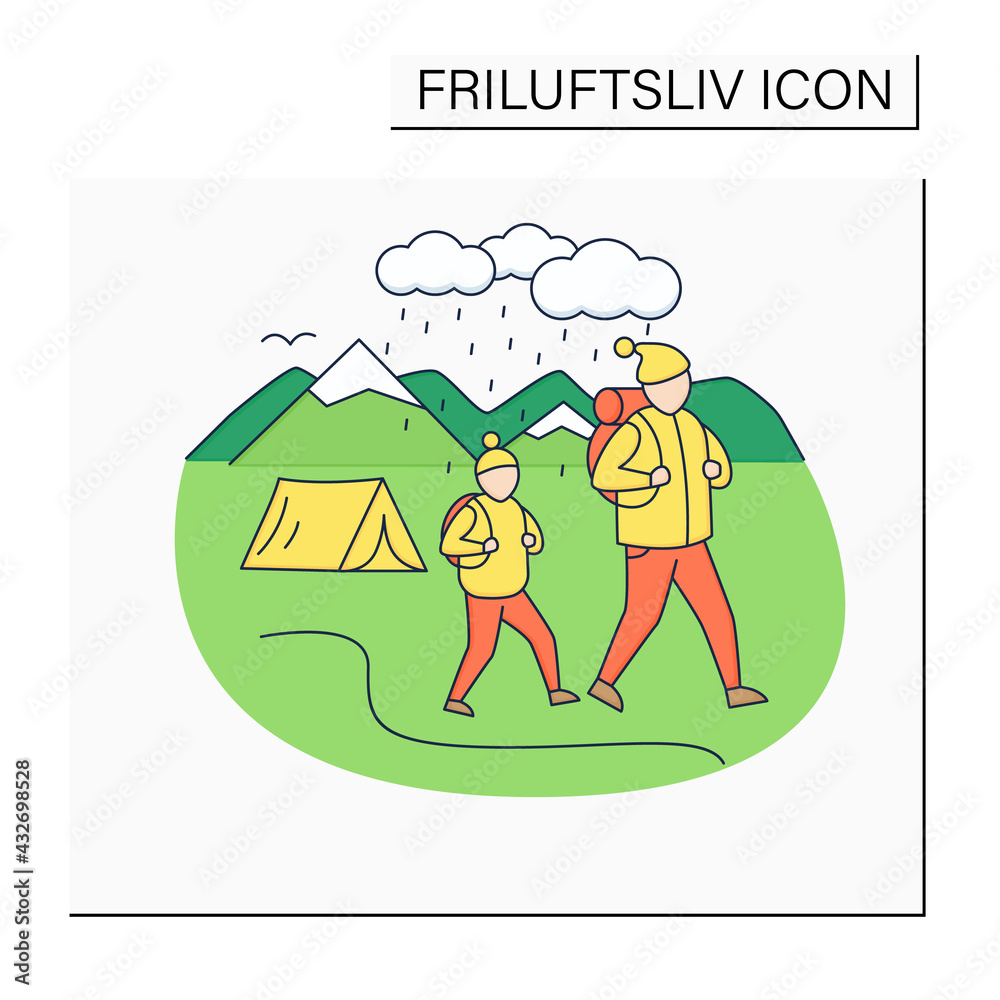 Friluftsliv color icon. Family hiking. Dad and son walking in the rain. Camping. Mountain landscape.Nordic outdoor activities concept.Isolated vector illustration