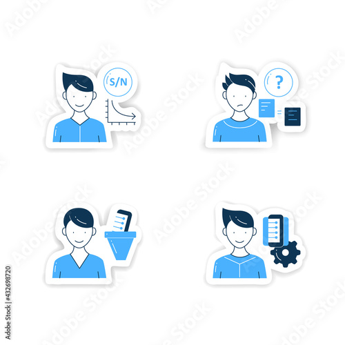 Information overload stickers set.Consists of low signal, info filtering, comparative research method, Infomanagement badges for designs. Information overloading vector emblem