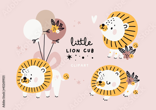 Cute baby lions set with flowers in pastel colors. Lion cub illustration for newborn baby. Set with cute baby shower animal.  Ideal for cards, poster, prints, anniversary, nursery clothing, kids room 