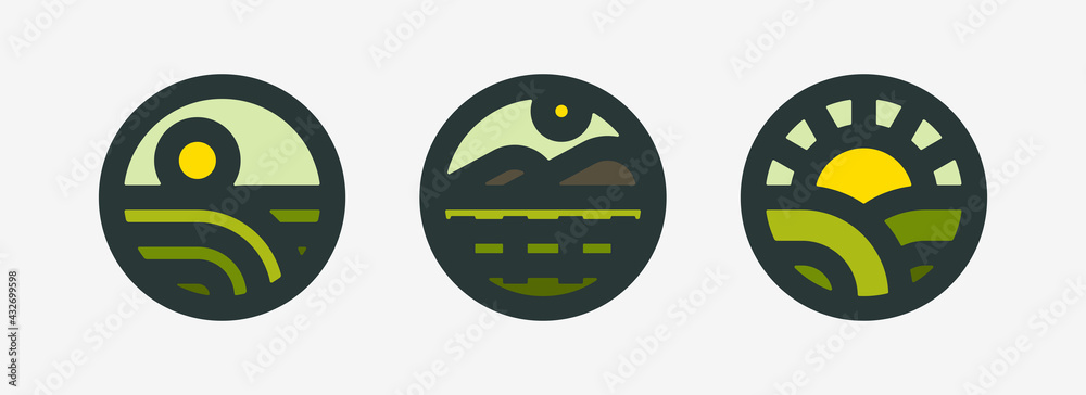 Farm logo mark template or icon of rural landscape with sun and field. Set of modern geometric emblems or badges for natural agriculture, organic food industry or harvesting campaign Farm logo mark template or icon of rural landscape with sun and field. Set of modern geometric emblems or badges for natural agriculture, organic food industry or harvesting campaign