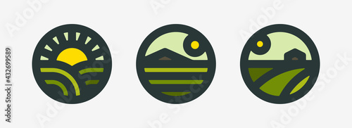 Farm logo mark template or icon of rural landscape with sun and field. Set of modern geometric emblems or badges for natural agriculture, organic food industry or harvesting campaign