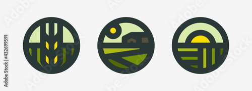 Farm logo mark template or icon of rural landscape with sun and field. Set of modern geometric emblems or badges for natural agriculture, organic food industry or harvesting campaign