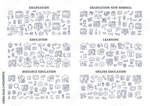 Graduation banner icons. New normal, education, learning, distance, online lesson. Template for landing, web page, layout.Party, academic career and special uniform interface idea with icons